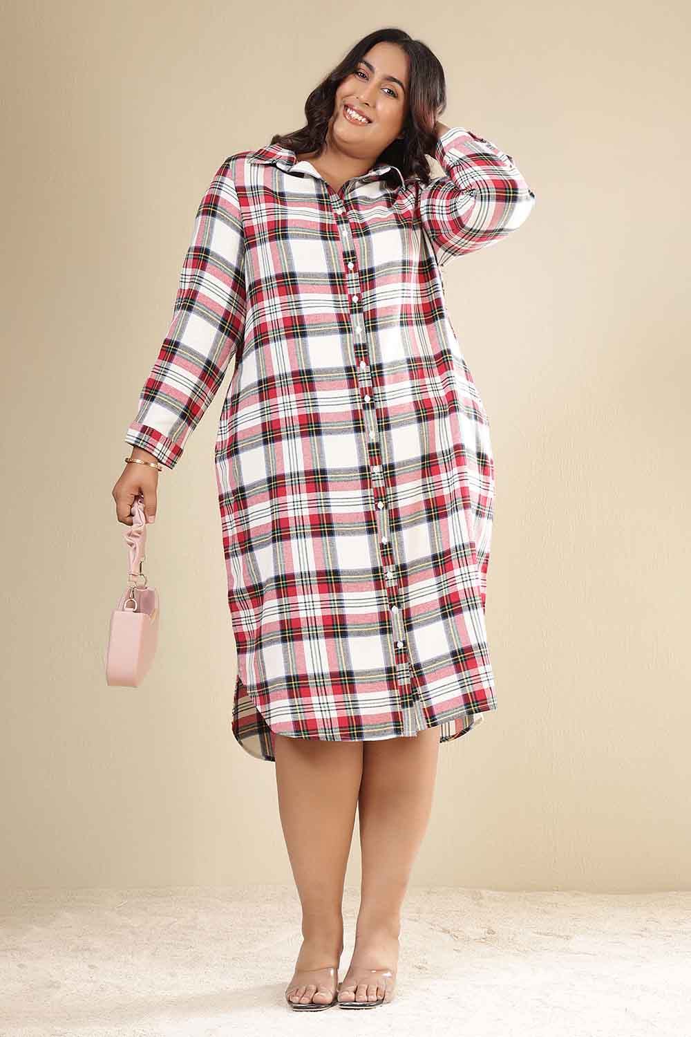 Plus Size Red & White Checkered Cotton Flannel Shirt Dress