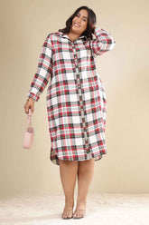 Plus Size Red & White Checkered Cotton Flannel Shirt Dress