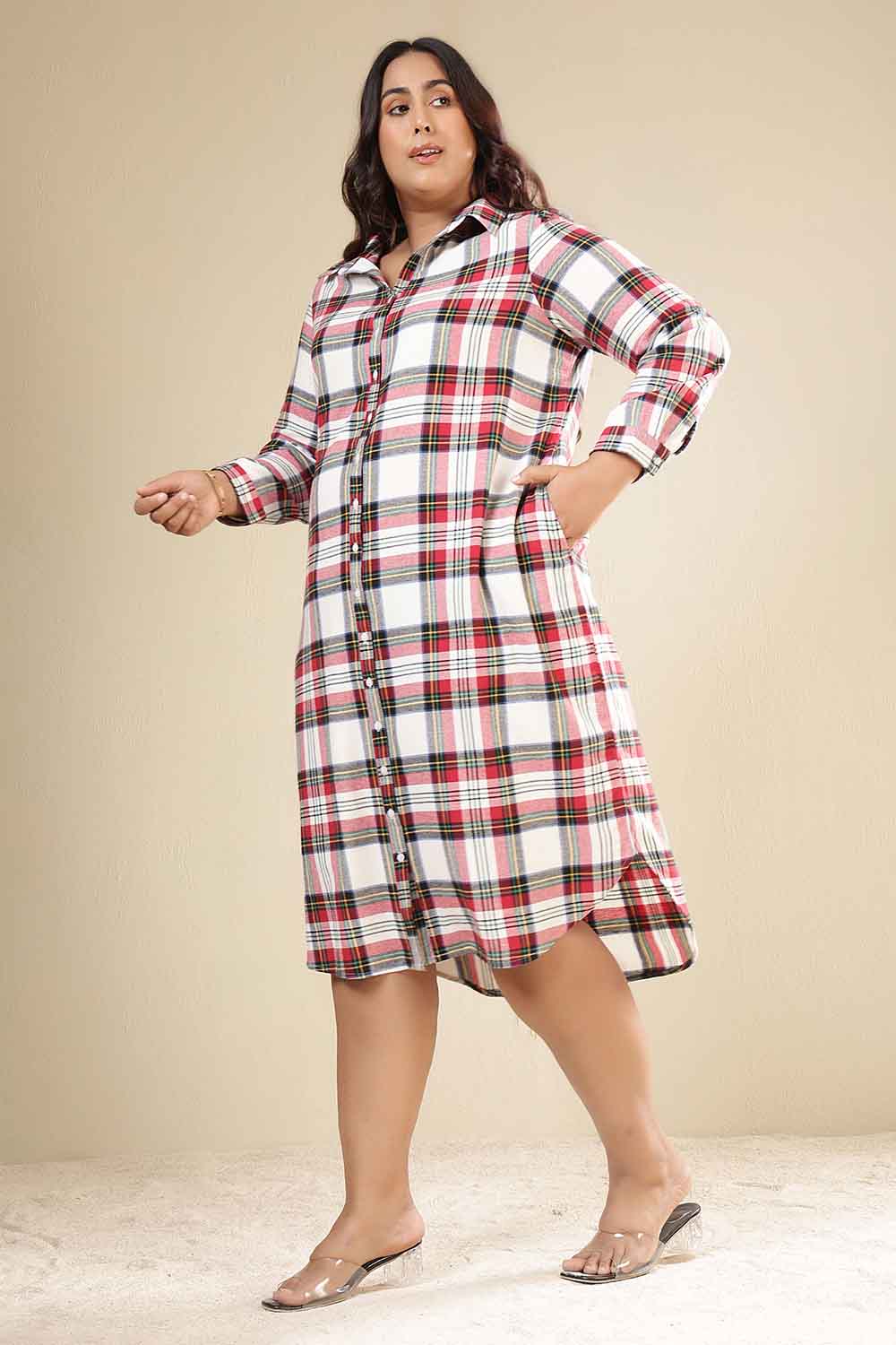 Plus Size Red & White Checkered Cotton Flannel Shirt Dress for Women
