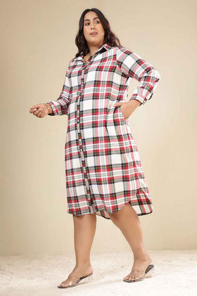 Plus Size Red & White Checkered Cotton Flannel Shirt Dress