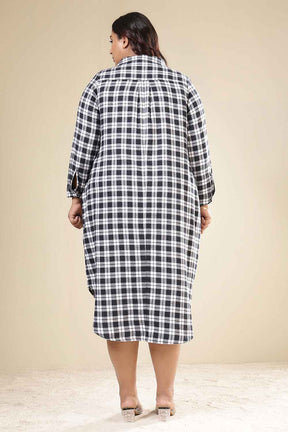 Plus Size Black & White Check Cotton Flannel Shirt Dress