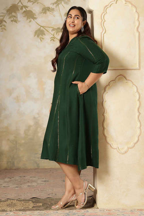 Plus Size Emerald  Green Golden Pin Stripe Midi Dress