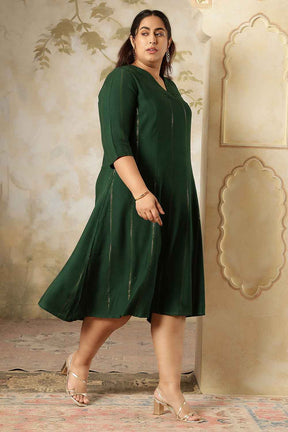Plus Size Emerald  Green Golden Pin Stripe Midi Dress