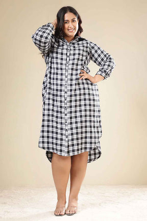 Plus Size Black & White Check Cotton Flannel Shirt Dress