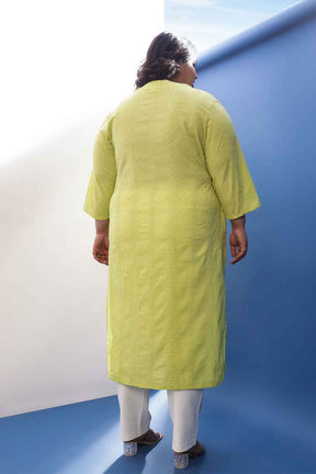 Plus Size Lime Green Cotton Schiffli V Neck Kurta