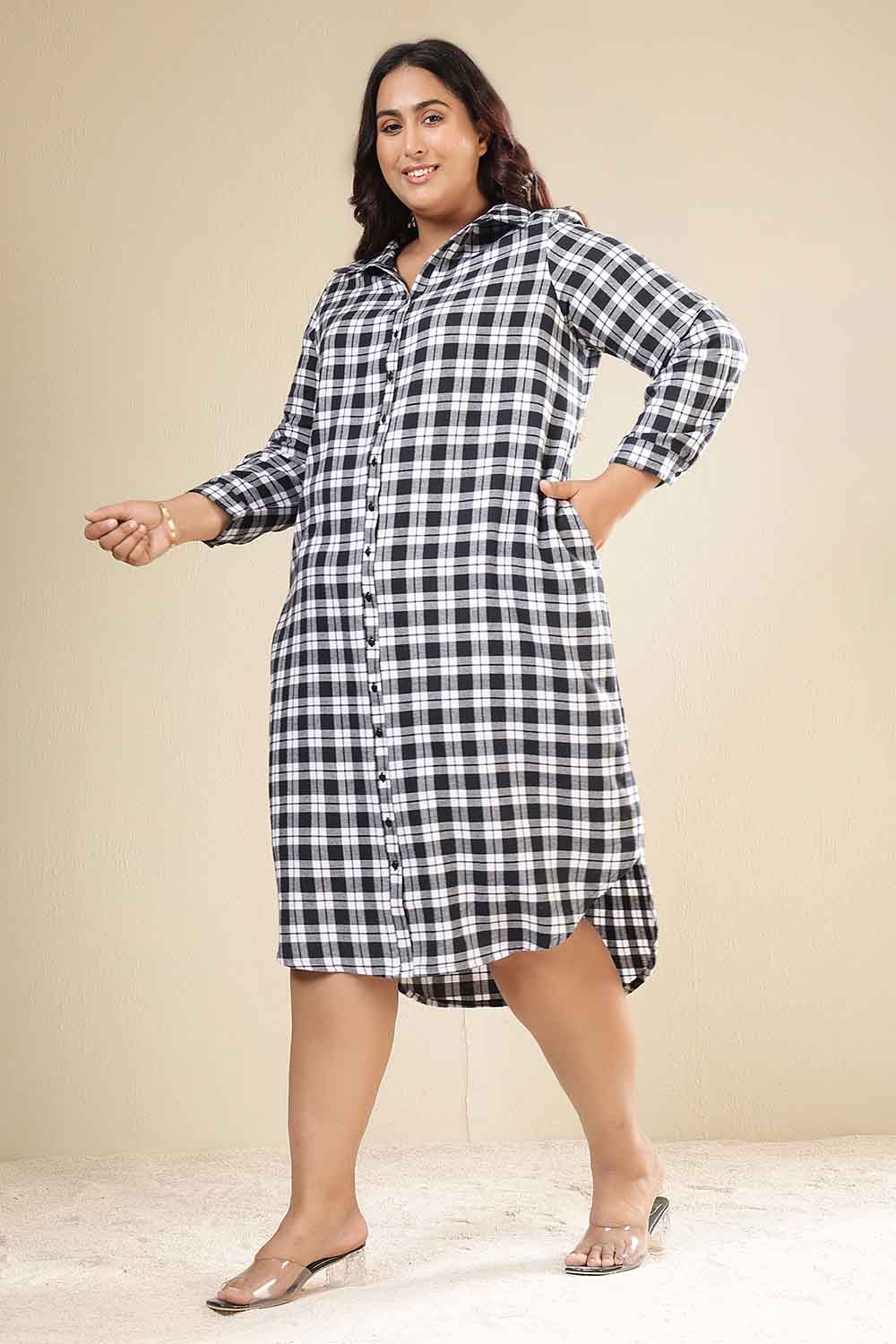 Plus Size Black & White Check Cotton Flannel Shirt Dress for Women
