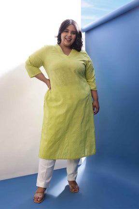Plus Size Lime Green Cotton Schiffli V Neck Kurta