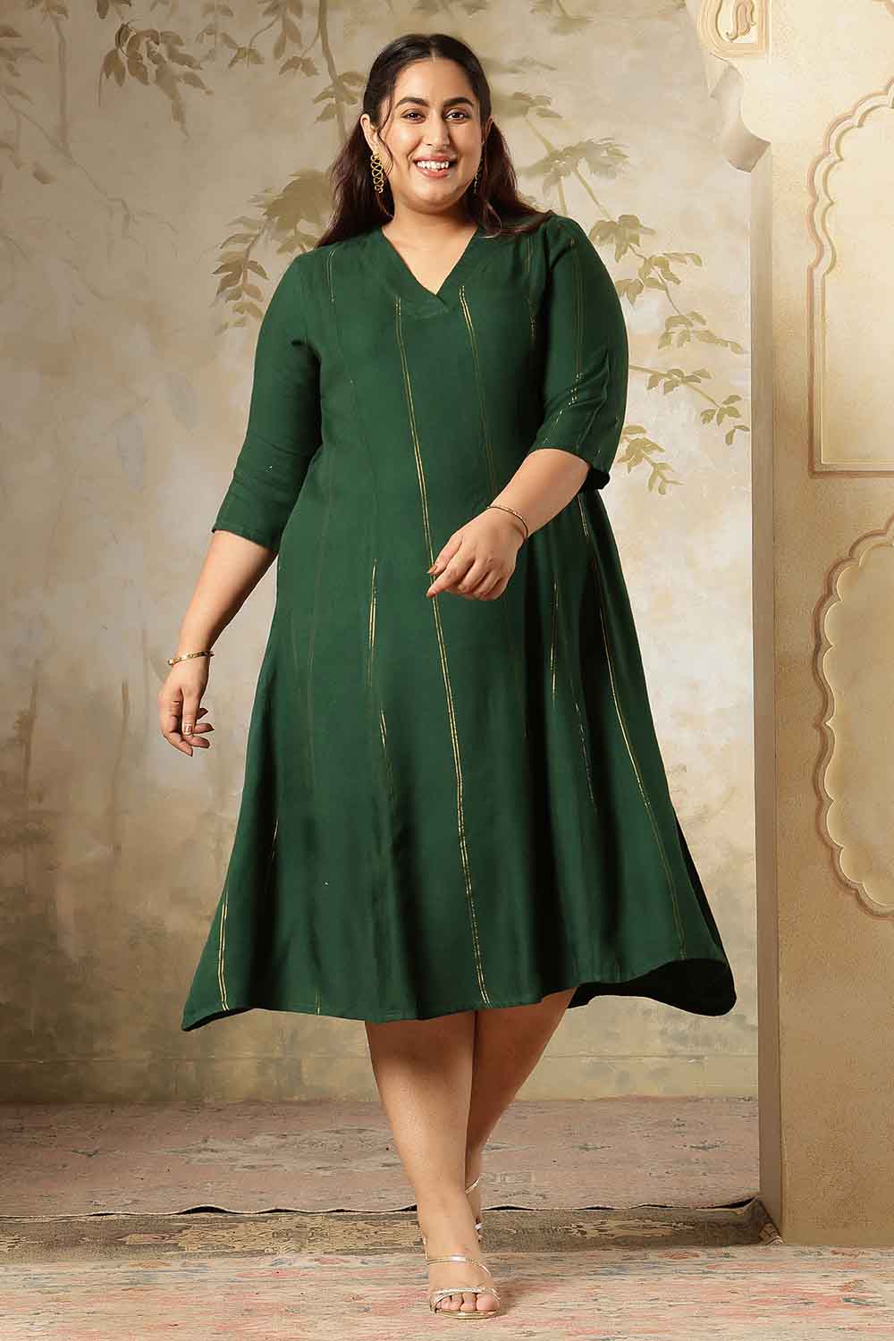 Plus Size Emerald  Green Golden Pin Stripe Midi Dress