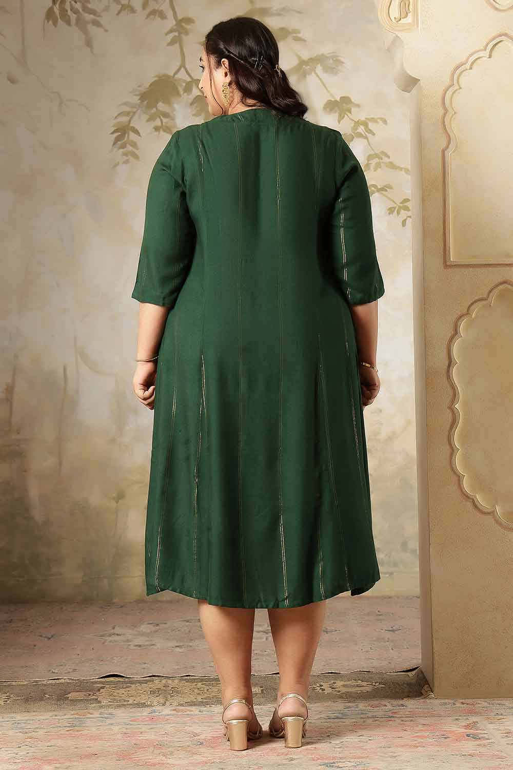 Plus Size Emerald  Green Golden Pin Stripe Midi Dress