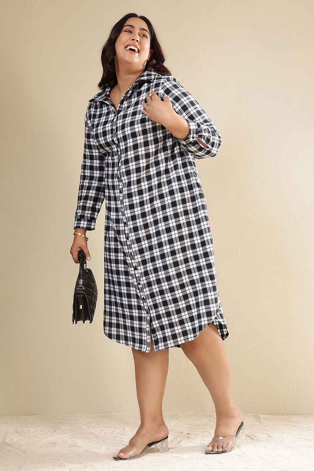 Plus Size Plus Size Black & White Check Cotton Flannel Shirt Dress
