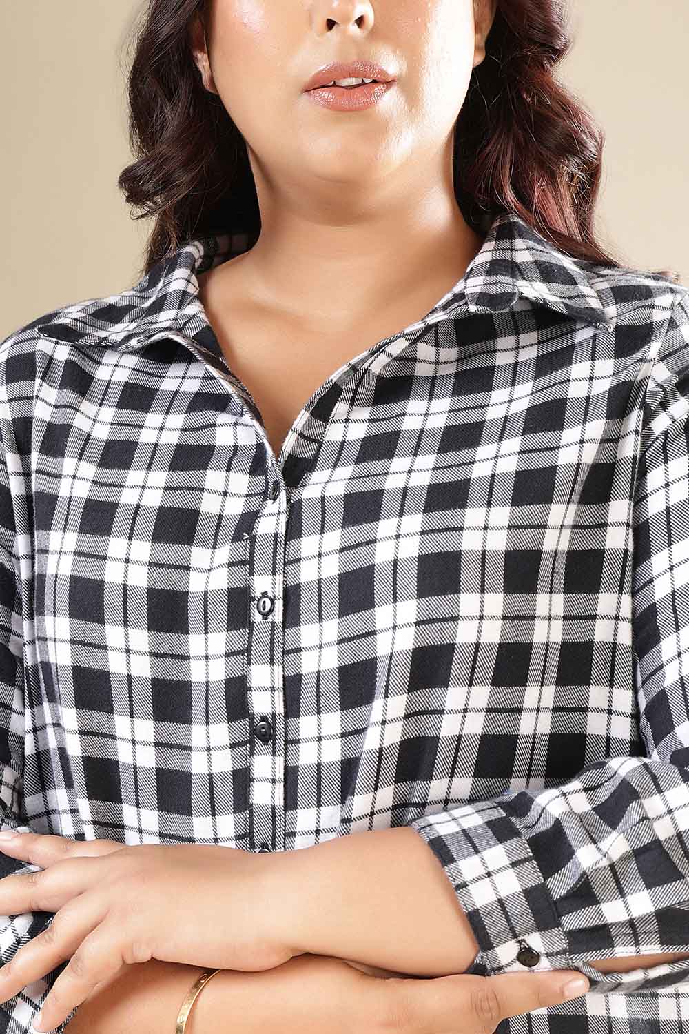 Plus Size Black & White Check Cotton Flannel Shirt Dress