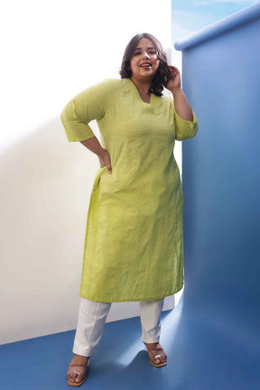 Plus Size Lime Green Cotton Schiffli V Neck Kurta