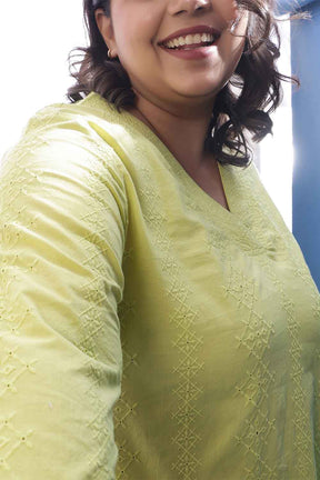 Plus Size Lime Green Cotton Schiffli V Neck Kurta