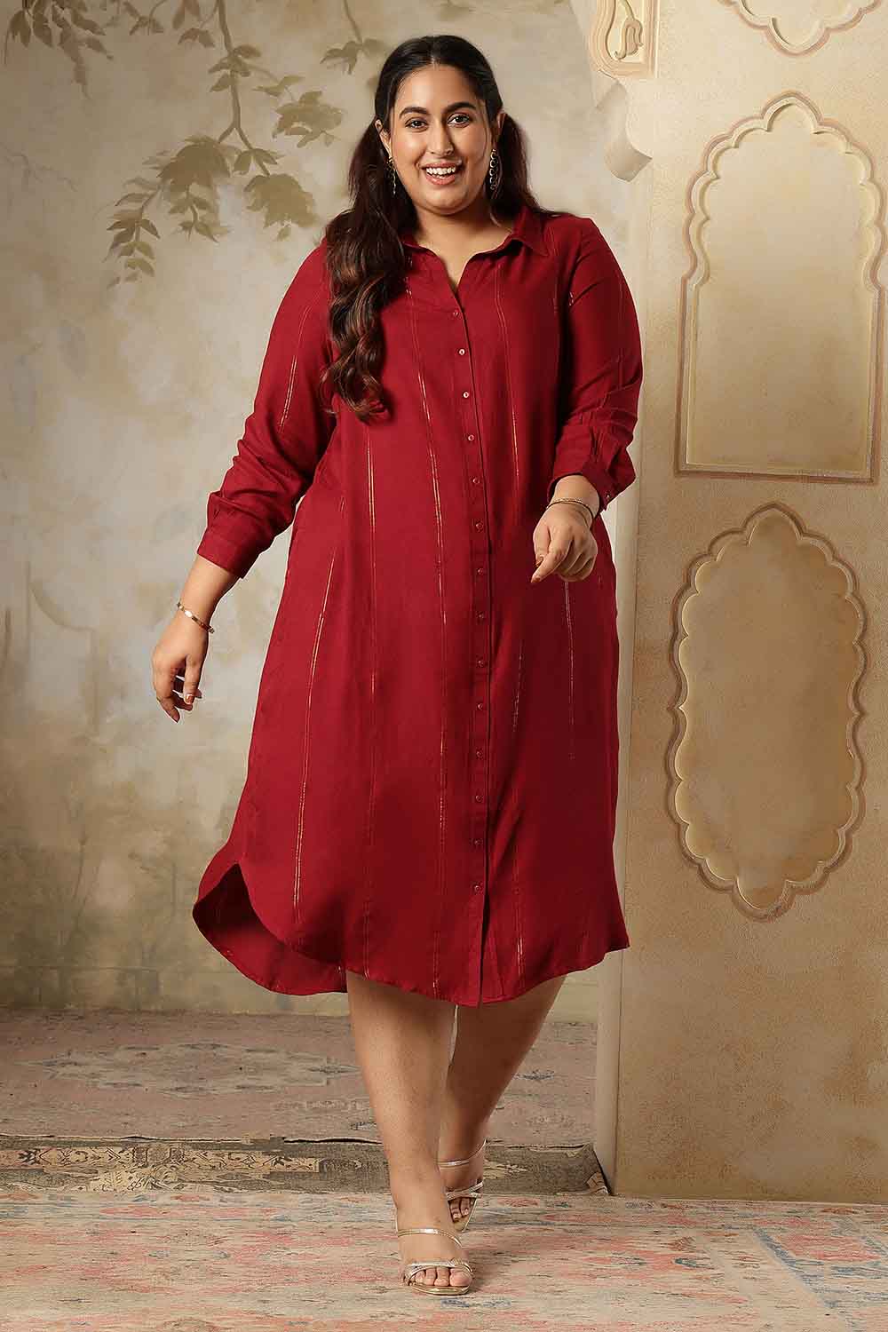 Plus Size Maroon Golden Pin Striped Shirt Dress for Women