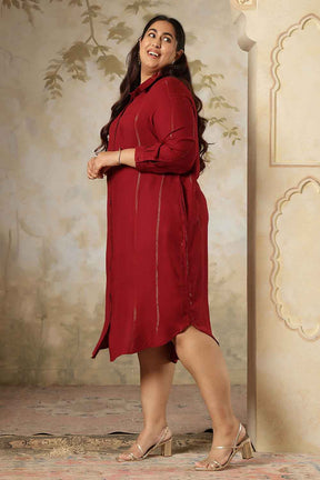 Plus Size Maroon Golden Pin Striped Shirt Dress