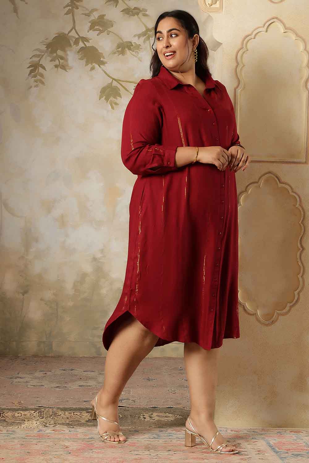 Plus Size Maroon Golden Pin Striped Shirt Dress