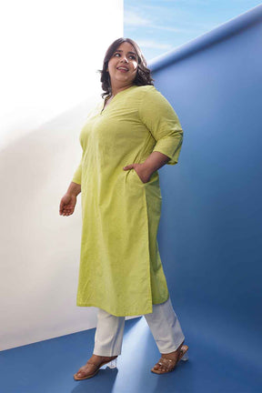Plus Size Lime Green Cotton Schiffli V Neck Kurta