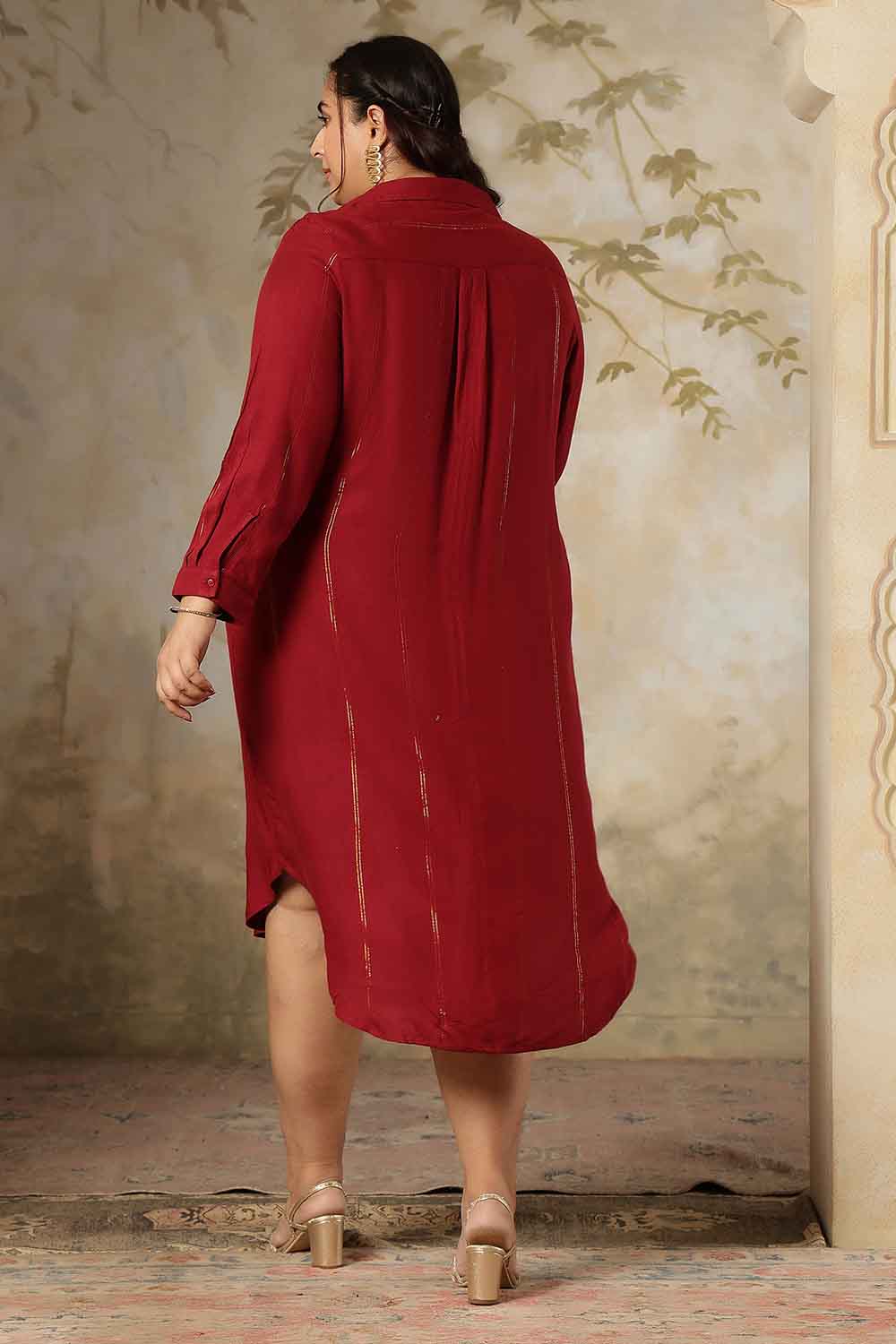 Plus Size Maroon Golden Pin Striped Shirt Dress
