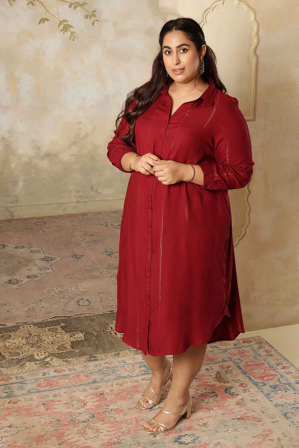 Plus Size Maroon Golden Pin Striped Shirt Dress