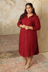 Plus Size Maroon Golden Pin Striped Shirt Dress