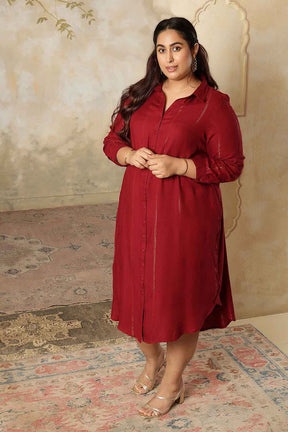Plus Size Maroon Golden Pin Striped Shirt Dress