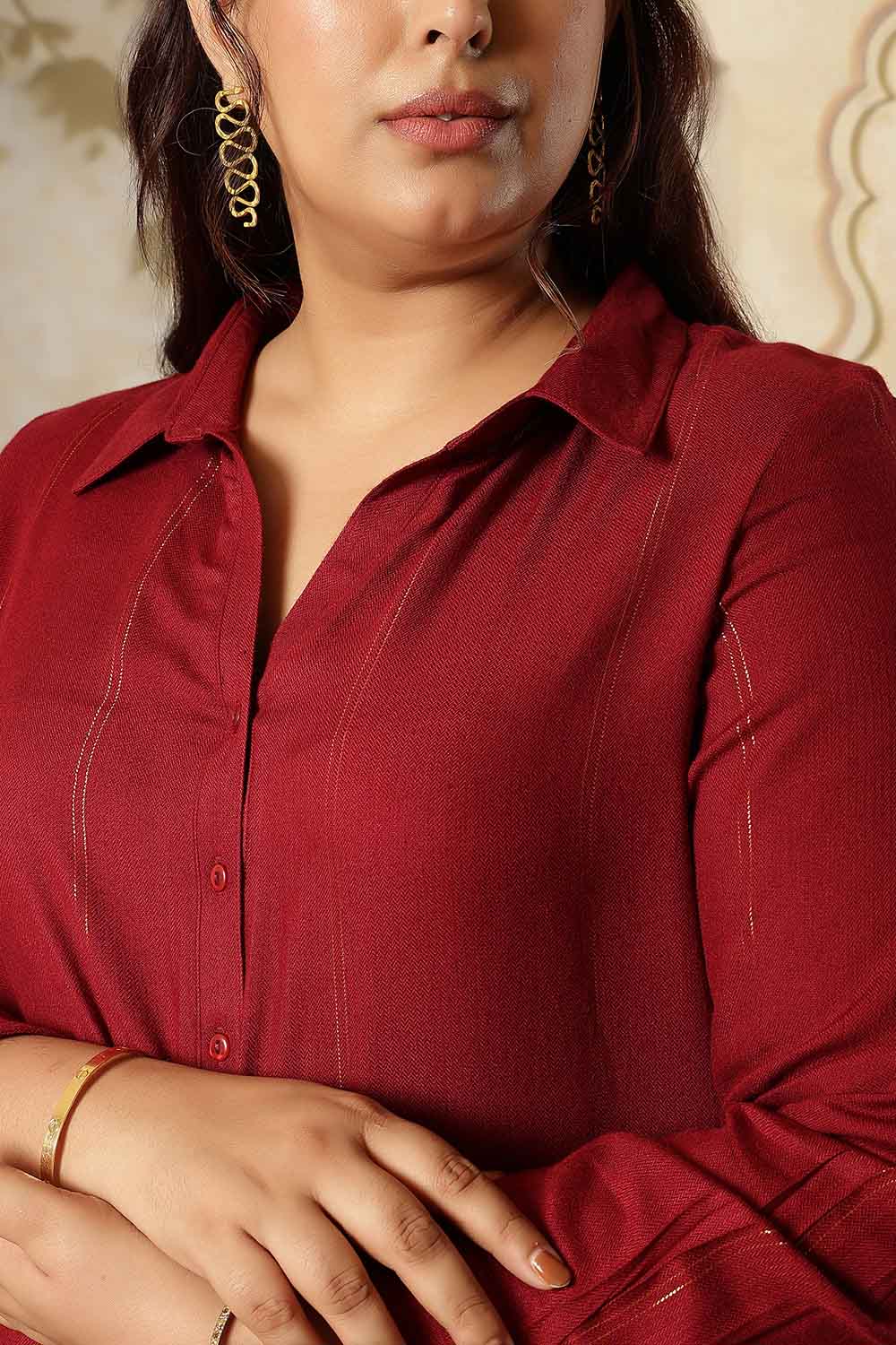 Comfortable Plus Size Maroon Golden Pin Striped Shirt Dress