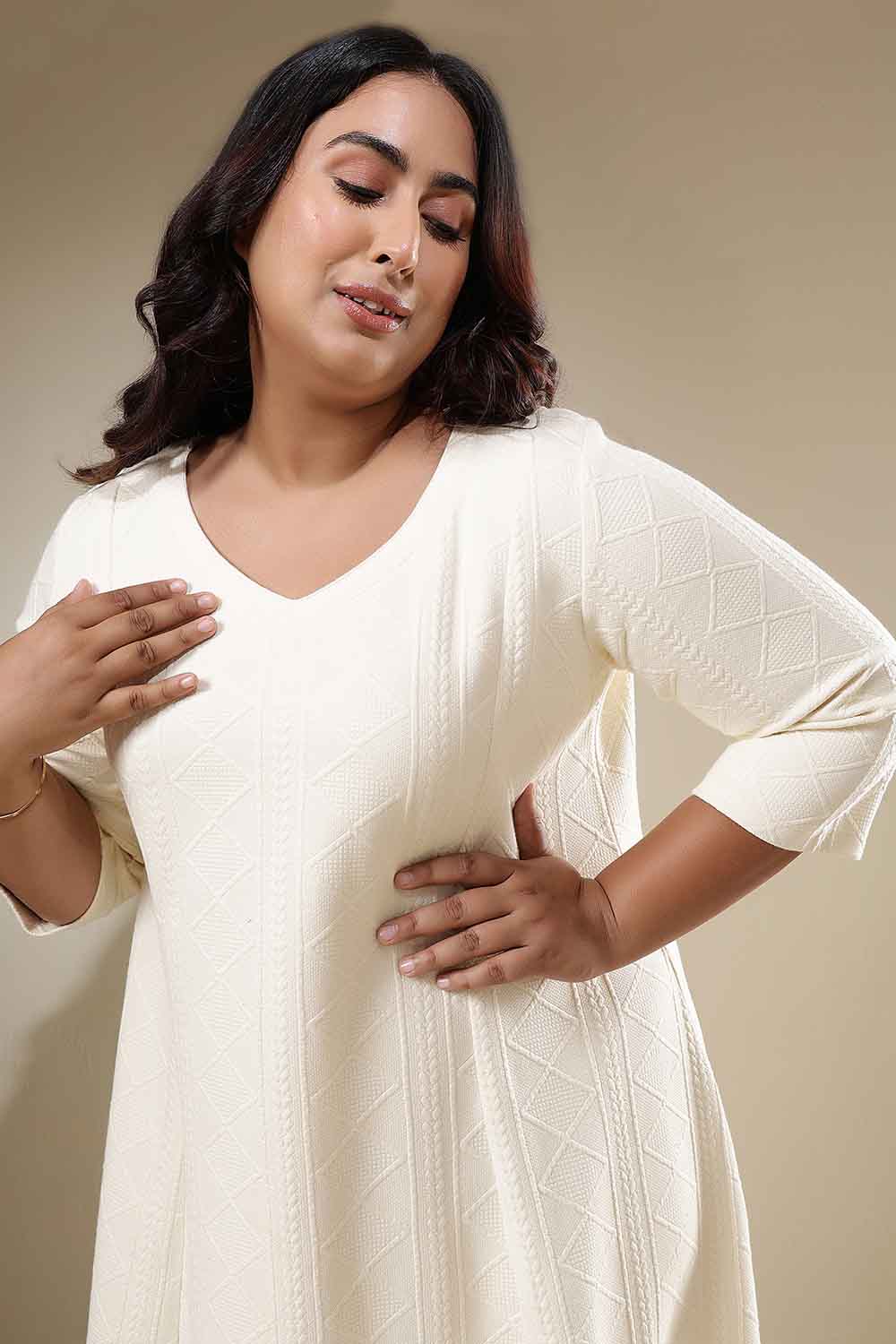 Plus Size Ivory Chunky Knit  A-Line Dress