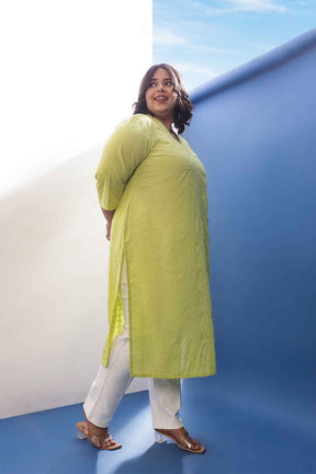 Plus Size Lime Green Cotton Schiffli V Neck Kurta