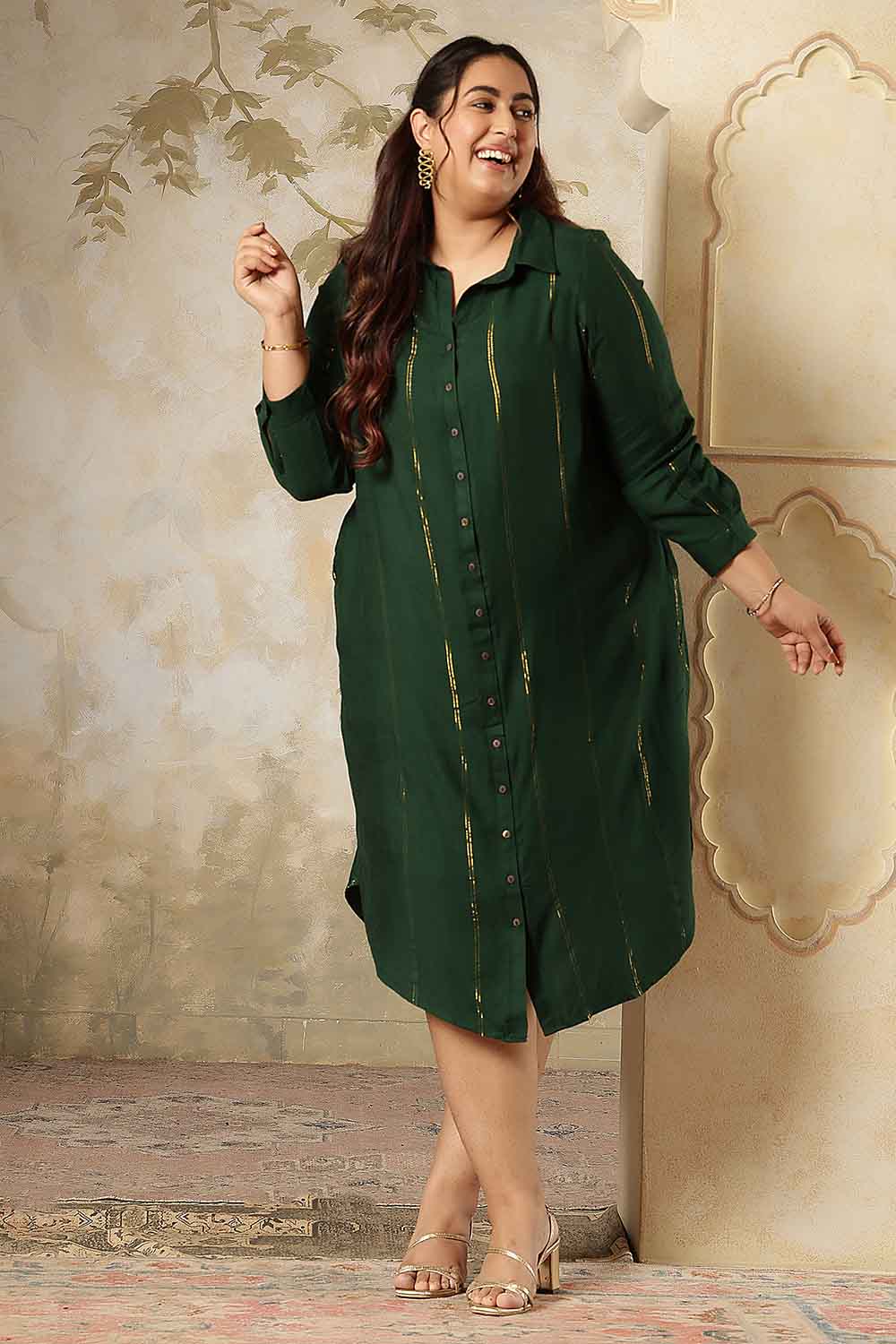 Plus Size Emerald Green Golden Pin Striped Shirt Dress