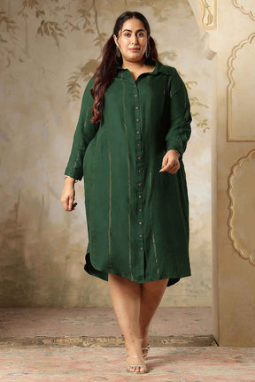 Plus Size Emerald Green Golden Pin Striped Shirt Dress