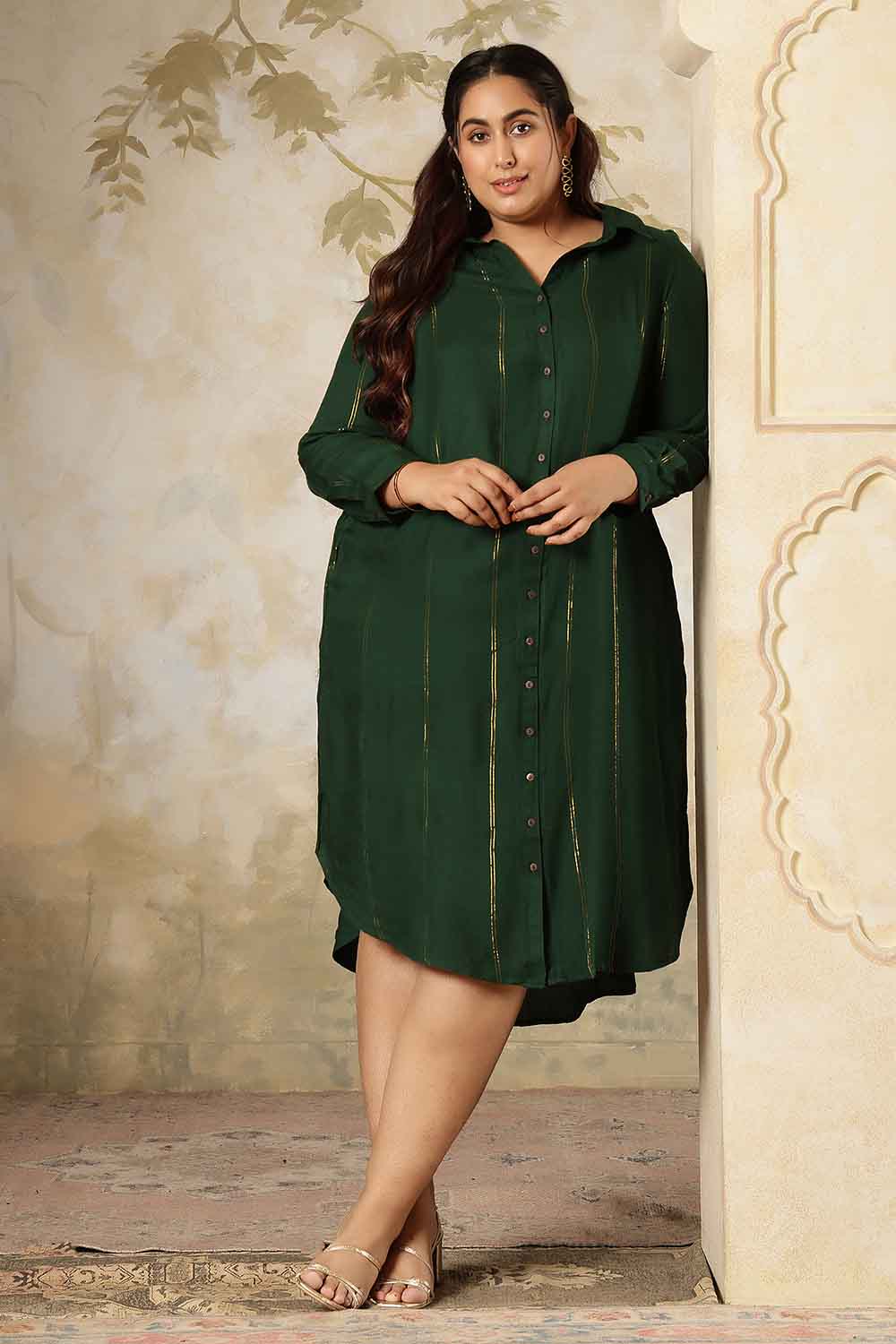 Plus Size Emerald Green Golden Pin Striped Shirt Dress