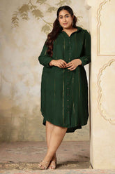 Plus Size Emerald Green Golden Pin Striped Shirt Dress