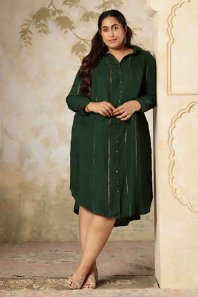 Plus Size Emerald Green Golden Pin Striped Shirt Dress