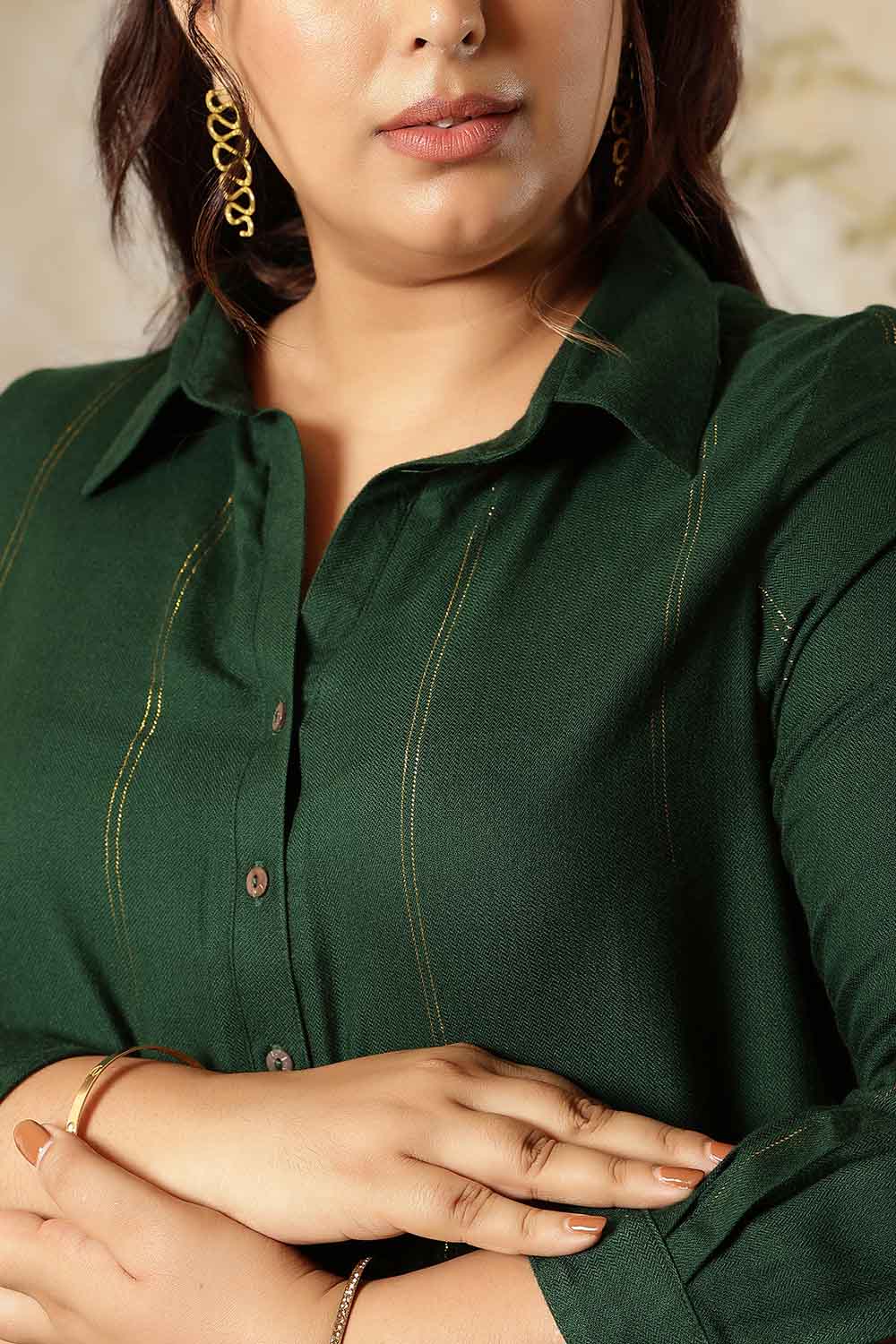 Plus Size Emerald Green Golden Pin Striped Shirt Dress