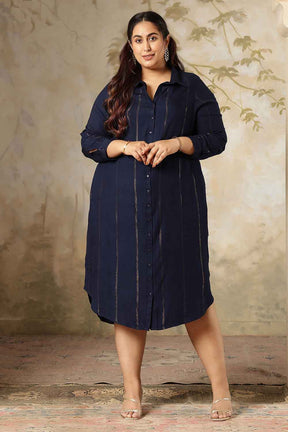 Plus Size Navy Blue Golden Pin Striped Shirt Dress