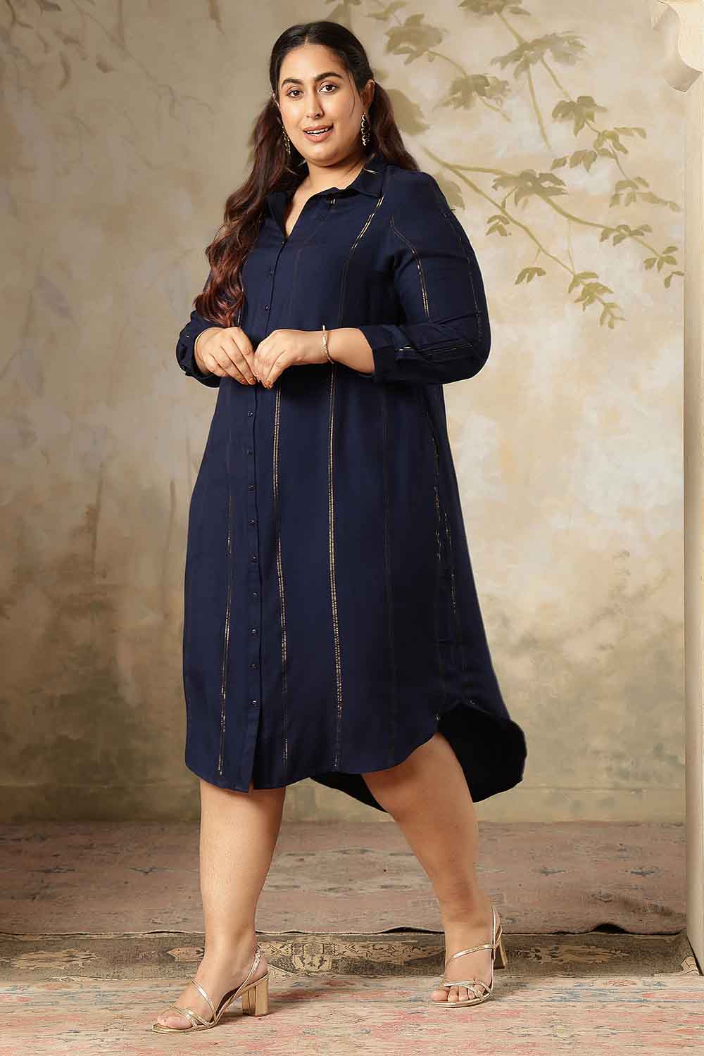 Plus Size Navy Blue Golden Pin Striped Shirt Dress for Women