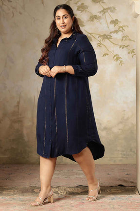 Plus Size Navy Blue Golden Pin Striped Shirt Dress