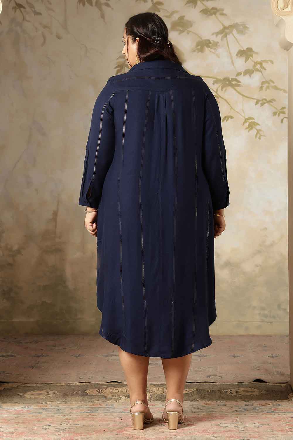 Plus Size Navy Blue Golden Pin Striped Shirt Dress