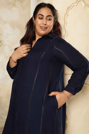 Plus Size Navy Blue Golden Pin Striped Shirt Dress