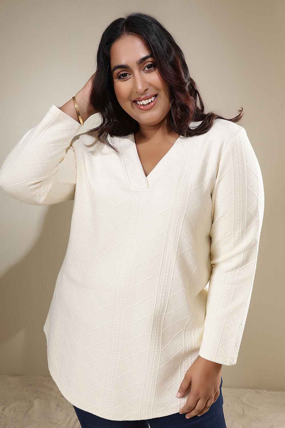 Plus Size Ivory Chunky Knit V Neck Top
