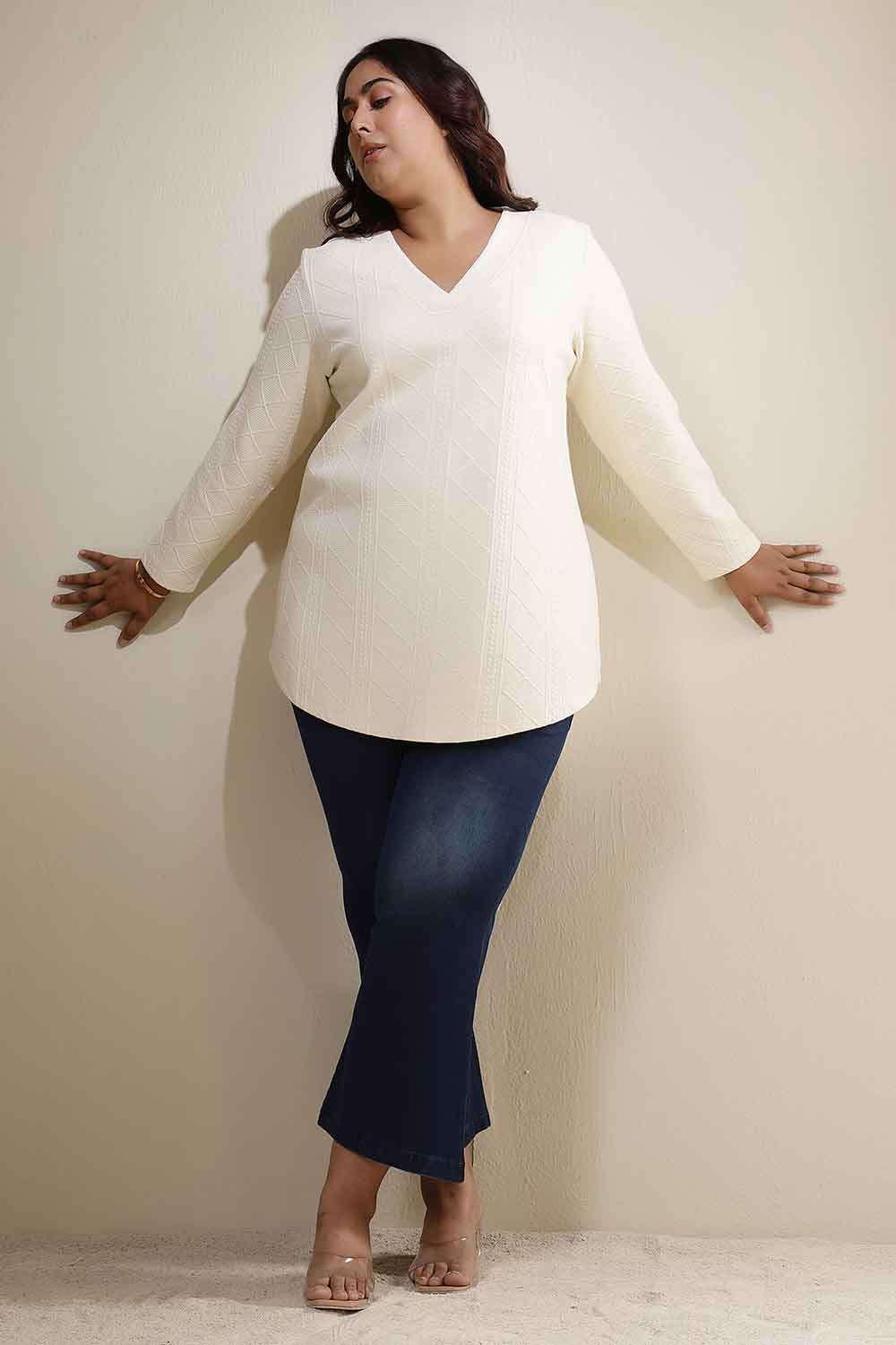 Plus Size Ivory Chunky Knit V Neck Top