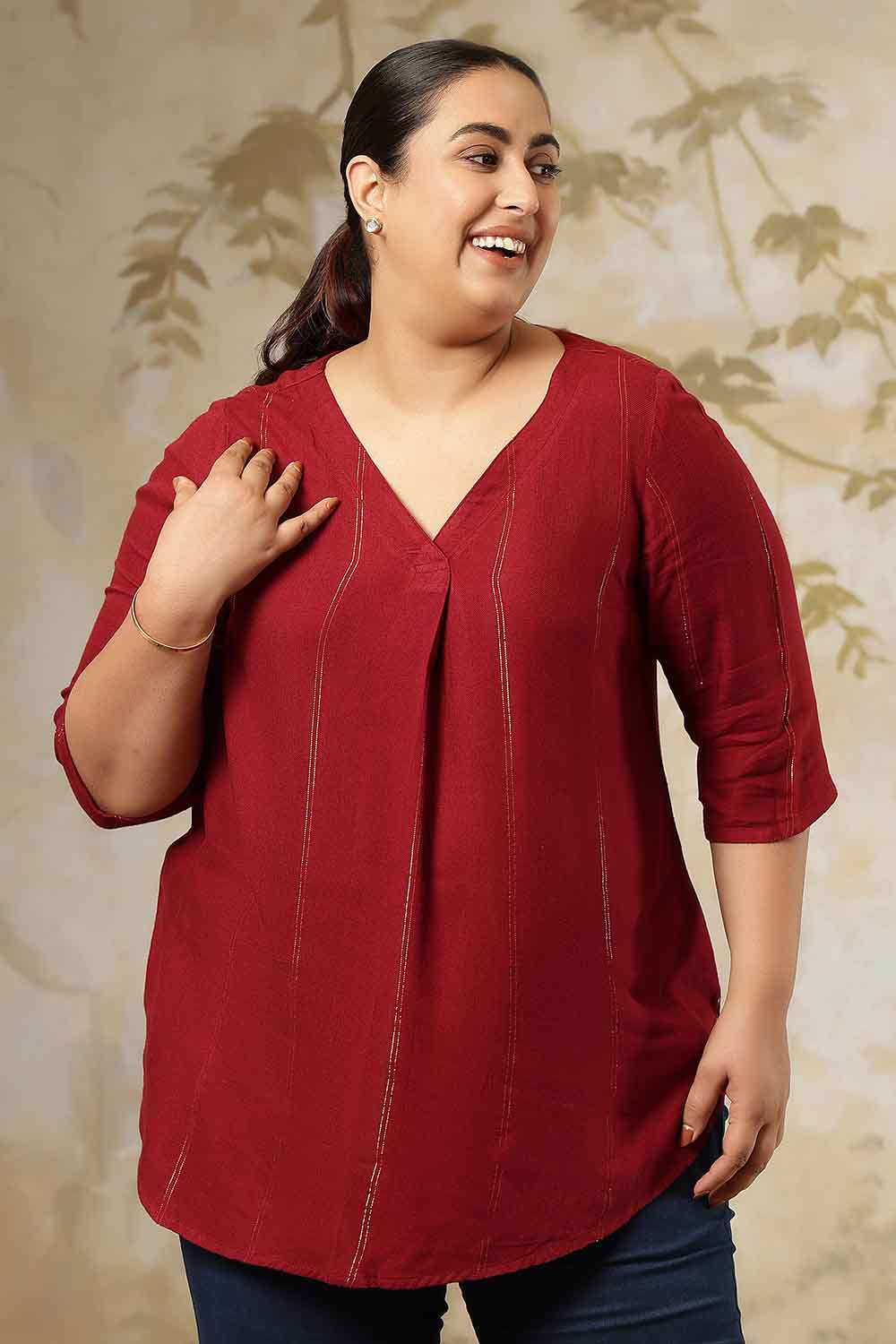 Plus Size Maroon Golden Pin Striped V-Neck Top