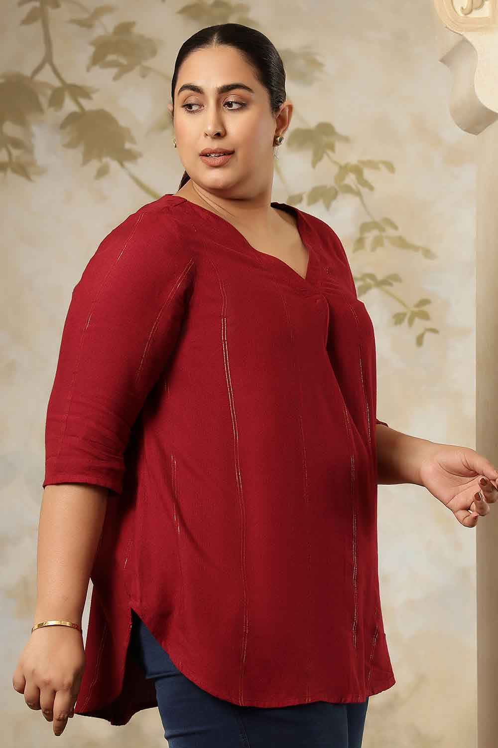 Comfortable Plus Size Maroon Golden Pin Striped V-Neck Top