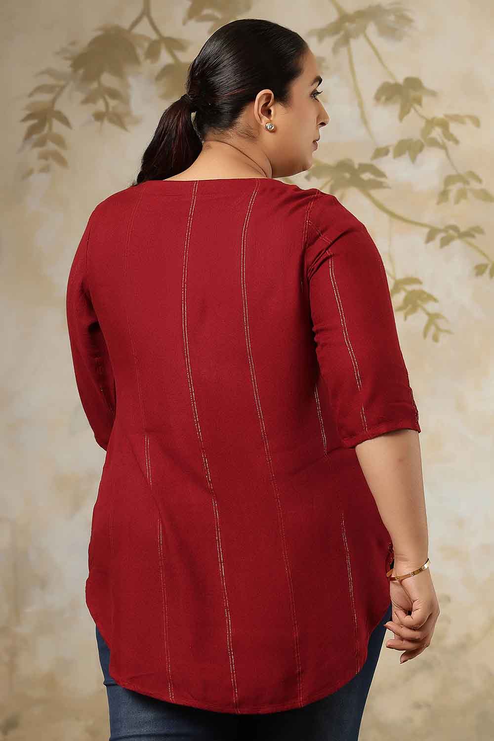 Plus Size Maroon Golden Pin Striped V-Neck Top