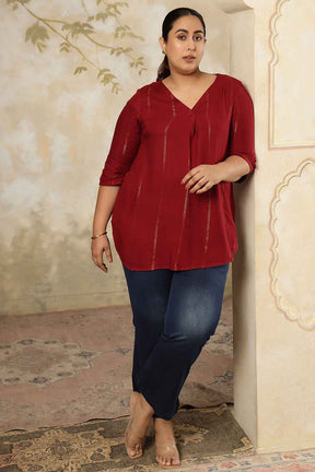 Plus Size Maroon Golden Pin Striped V-Neck Top