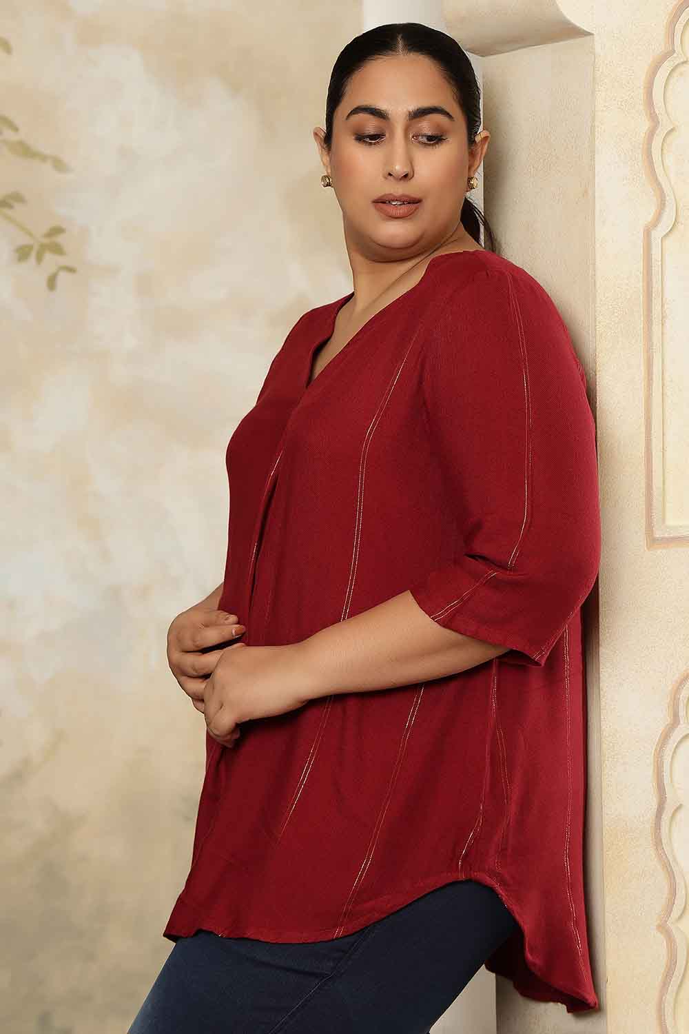 Plus Size Maroon Golden Pin Striped V-Neck Top for Women
