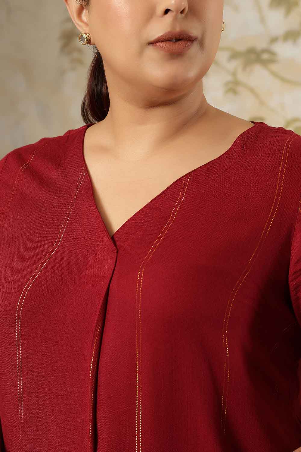 Plus Size Maroon Golden Pin Striped V-Neck Top