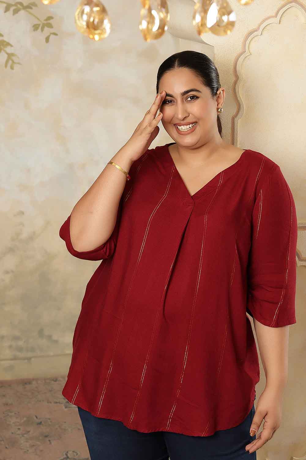 Plus Size Plus Size Maroon Golden Pin Striped V-Neck Top