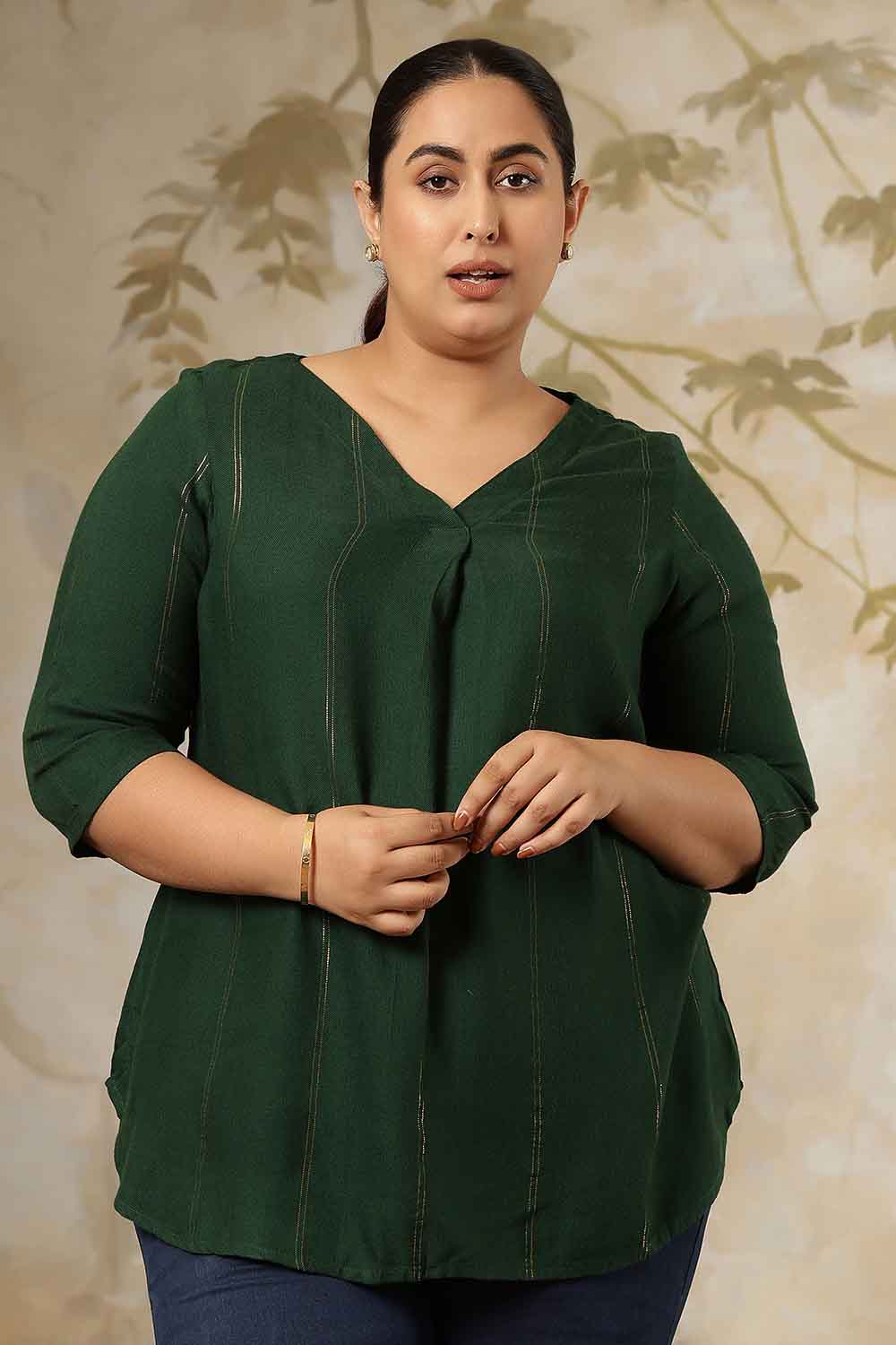 Plus Size Emerald Green Golden Pin Striped V Neck Top