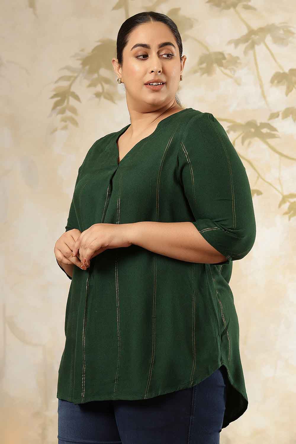 Comfortable Plus Size Emerald Green Golden Pin Striped V Neck Top